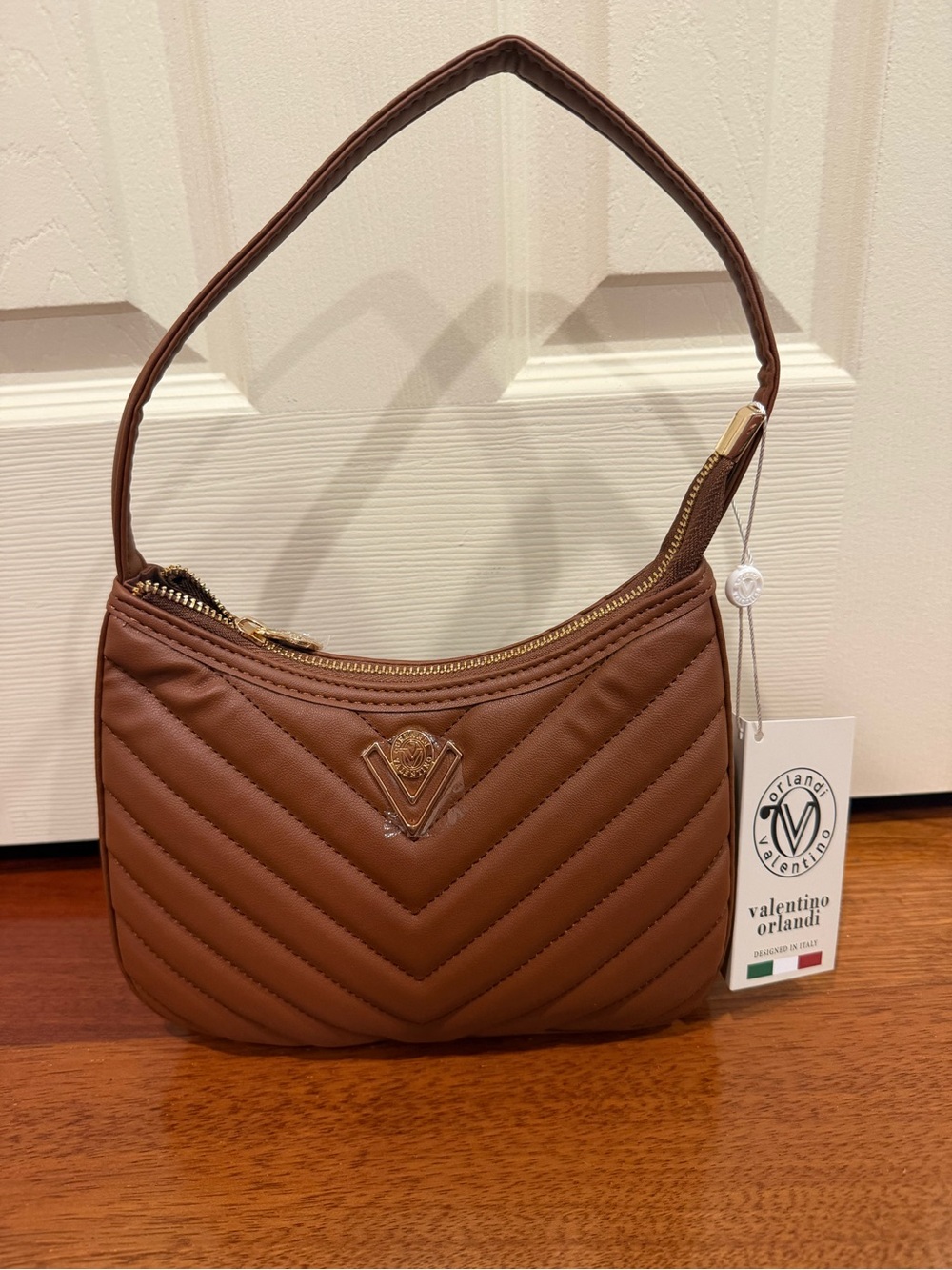Valentino Orlandi Chestnut Quilted Shoulder Bag with Gold Accent